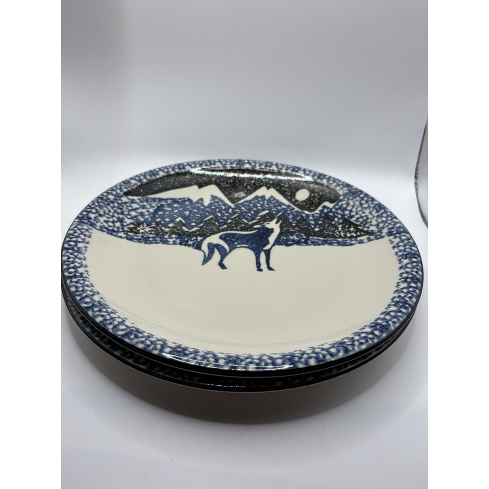 Tienshan Folk Craft Wolf Dinner Plates 10.25" Blue Spongeware Set of 2